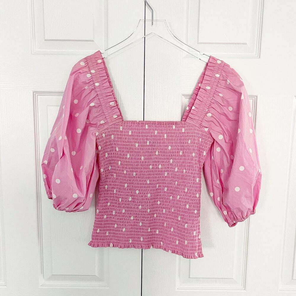 Ganni Polka Dot Print Balloon Sleeve Smocked Blouse